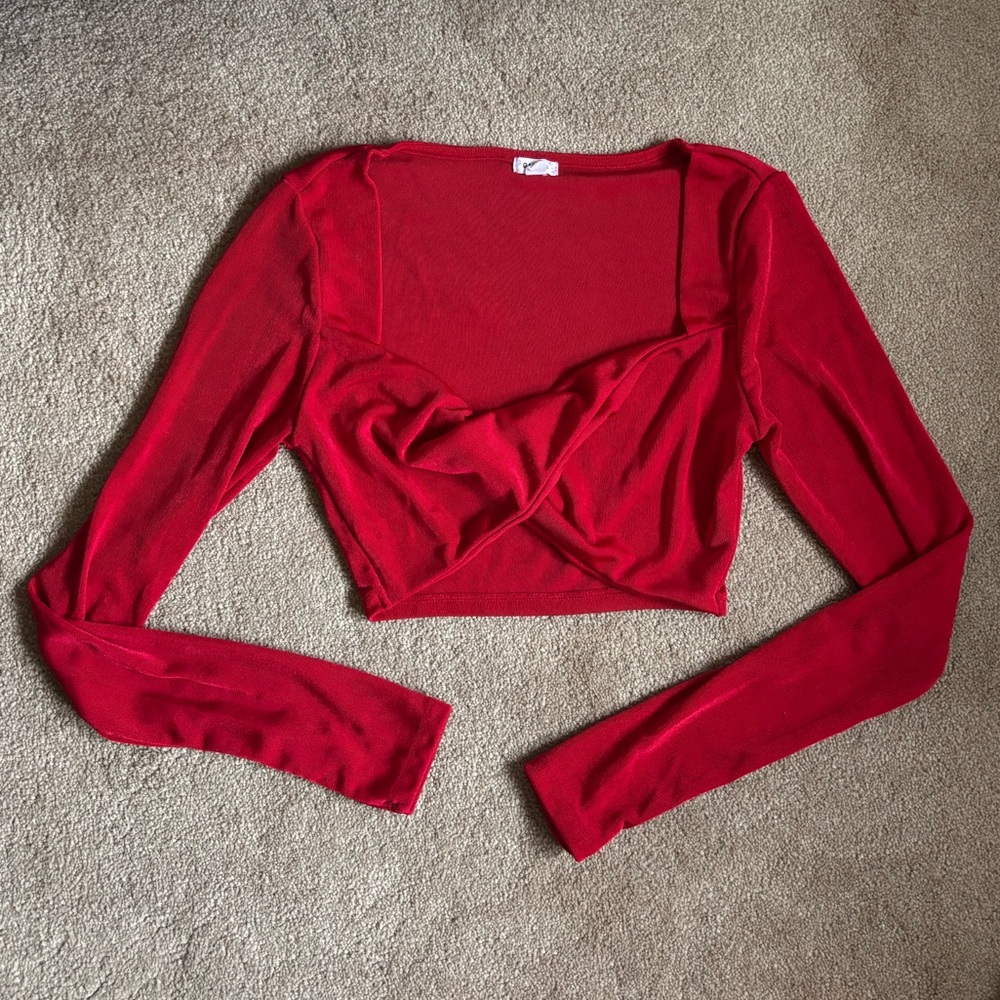 Garage Red Long-Sleeve Twist-Front Crop Top
